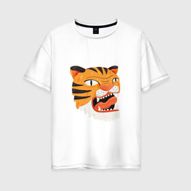 Женская футболка хлопок Oversize с принтом Mad tiger в Петрозаводске, 100% хлопок | свободный крой, круглый ворот, спущенный рукав, длина до линии бедер
 | берсерк | злось | пантера | показывать язык | тигр