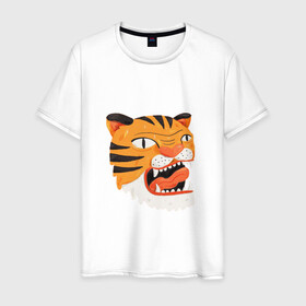 Мужская футболка хлопок с принтом Mad tiger в Петрозаводске, 100% хлопок | прямой крой, круглый вырез горловины, длина до линии бедер, слегка спущенное плечо. | берсерк | злось | пантера | показывать язык | тигр