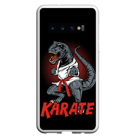 Чехол для Samsung Galaxy S10 с принтом KARATE T-REX в Петрозаводске, Силикон | Область печати: задняя сторона чехла, без боковых панелей | Тематика изображения на принте: animal | dinosaur | fight | fighter | hunter | karate | red | sport | strong | t rex | боец | бои | динозавр | карате | сила | спорт | тиранозавр | хищник