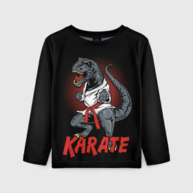 Детский лонгслив 3D с принтом KARATE T-REX в Петрозаводске, 100% полиэстер | длинные рукава, круглый вырез горловины, полуприлегающий силуэт
 | Тематика изображения на принте: animal | dinosaur | fight | fighter | hunter | karate | red | sport | strong | t rex | боец | бои | динозавр | карате | сила | спорт | тиранозавр | хищник