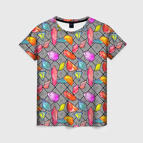 Женская футболка 3D с принтом Кристаллы в Петрозаводске, 100% полиэфир ( синтетическое хлопкоподобное полотно) | прямой крой, круглый вырез горловины, длина до линии бедер | абстракция | алмазы | кристаллики | кристаллы | паттерн | текстуры | узоры
