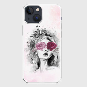 Чехол для iPhone 13 mini с принтом Девушка цветы акварель в Петрозаводске,  |  | акварель | брызги | губы | дама | девушка | девчонка | краски | листья | мода | модель | пастель | пафос | портрет | розовый | тона | фантазия | цветами | цветок | цветы