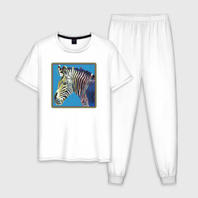 Мужская пижама хлопок с принтом Зебра Энди Уорхол в Петрозаводске, 100% хлопок | брюки и футболка прямого кроя, без карманов, на брюках мягкая резинка на поясе и по низу штанин
 | andrew warholaа | andy warhol | art | artist | homo universale | horse | pop art | zebra | африка | животные | зебра | искусство | конь | лошадь | поп арт | саванна | современное искусство | старые картины | уорхол | художник