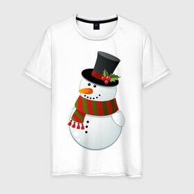 Мужская футболка хлопок с принтом Снеговик в Петрозаводске, 100% хлопок | прямой крой, круглый вырез горловины, длина до линии бедер, слегка спущенное плечо. | морковка | омела | подарок | рождество | снеговик | цилиндр | шарф