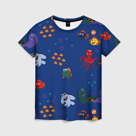 Женская футболка 3D с принтом подводный мир в Петрозаводске, 100% полиэфир ( синтетическое хлопкоподобное полотно) | прямой крой, круглый вырез горловины, длина до линии бедер | blue | children | fish | marine | ocean | акула | вода | детская иллюстрация | желтый | золотая рыбка | игры | красный | лето | море | морской | мультяшный | мяч | океан | осьминог | подводный | принт для детей | пузыри