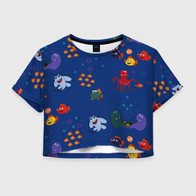 Женская футболка Crop-top 3D с принтом подводный мир в Петрозаводске, 100% полиэстер | круглая горловина, длина футболки до линии талии, рукава с отворотами | blue | children | fish | marine | ocean | акула | вода | детская иллюстрация | желтый | золотая рыбка | игры | красный | лето | море | морской | мультяшный | мяч | океан | осьминог | подводный | принт для детей | пузыри