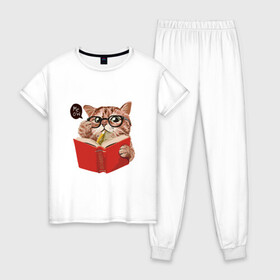 Женская пижама хлопок с принтом Умный кот в Петрозаводске, 100% хлопок | брюки и футболка прямого кроя, без карманов, на брюках мягкая резинка на поясе и по низу штанин | карандаш | книга | кот | котик | кошка | мысли | очки | пушистый | рыжий | создания | умный | ученый | чтение
