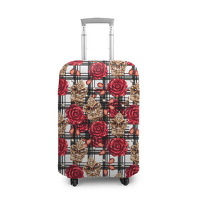 Чехол для чемодана 3D с принтом Розы в клеточку в Петрозаводске, 86% полиэфир, 14% спандекс | двустороннее нанесение принта, прорези для ручек и колес | абстракция | паттерн | розы | текстуры | узоры | цветочки | цветы