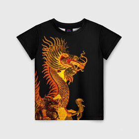 Детская футболка 3D с принтом Золотой китайский дракон в Петрозаводске, 100% гипоаллергенный полиэфир | прямой крой, круглый вырез горловины, длина до линии бедер, чуть спущенное плечо, ткань немного тянется | азиатский дракон | дракон | золотой | золотой азиатский дракон | золотой дракон | золотой китайский дракон | золотой японский дракон | китайский дракон | японский дракон