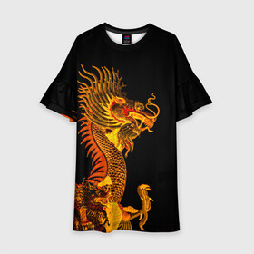 Детское платье 3D с принтом Золотой китайский дракон в Петрозаводске, 100% полиэстер | прямой силуэт, чуть расширенный к низу. Круглая горловина, на рукавах — воланы | азиатский дракон | дракон | золотой | золотой азиатский дракон | золотой дракон | золотой китайский дракон | золотой японский дракон | китайский дракон | японский дракон