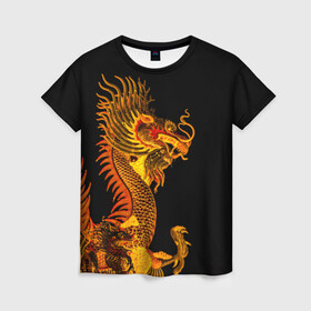 Женская футболка 3D с принтом Золотой китайский дракон в Петрозаводске, 100% полиэфир ( синтетическое хлопкоподобное полотно) | прямой крой, круглый вырез горловины, длина до линии бедер | азиатский дракон | дракон | золотой | золотой азиатский дракон | золотой дракон | золотой китайский дракон | золотой японский дракон | китайский дракон | японский дракон