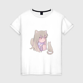 Женская футболка хлопок с принтом Неко девочка в Петрозаводске, 100% хлопок | прямой крой, круглый вырез горловины, длина до линии бедер, слегка спущенное плечо | kawaii | девушка | кошка | рисунок | розовый