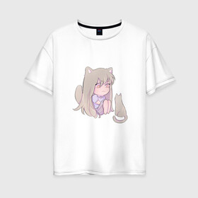 Женская футболка хлопок Oversize с принтом Неко девочка в Петрозаводске, 100% хлопок | свободный крой, круглый ворот, спущенный рукав, длина до линии бедер
 | kawaii | девушка | кошка | рисунок | розовый