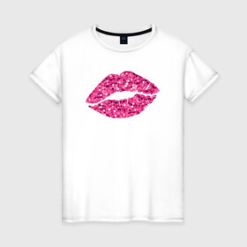 Женская футболка хлопок с принтом Сахарный поцелуй губ в Петрозаводске, 100% хлопок | прямой крой, круглый вырез горловины, длина до линии бедер, слегка спущенное плечо | блестки | блестящий | губки | губы | краски | отпечаток | поцелуй | розовый