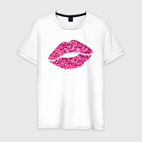 Мужская футболка хлопок с принтом Сахарный поцелуй губ в Петрозаводске, 100% хлопок | прямой крой, круглый вырез горловины, длина до линии бедер, слегка спущенное плечо. | блестки | блестящий | губки | губы | краски | отпечаток | поцелуй | розовый