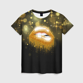 Женская футболка 3D с принтом Губы в Петрозаводске, 100% полиэфир ( синтетическое хлопкоподобное полотно) | прямой крой, круглый вырез горловины, длина до линии бедер | блестки | блестящий | губки | губы | желтый | звезды | краски | отпечаток | поцелуй | розовый | сверкает