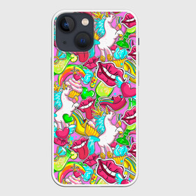 Чехол для iPhone 13 mini с принтом Губы фреш в Петрозаводске,  |  | губки | губы | единорог | зубы | коктейль | корона | краски | пирог | пирожное | поцелуй | радуга | разводы | розовый | сердце | сочный | туфли | улыбки | фрукты | цвет | цвета | язык