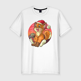 Мужская футболка хлопок Slim с принтом Новогодний лисёнок в Петрозаводске, 92% хлопок, 8% лайкра | приталенный силуэт, круглый вырез ворота, длина до линии бедра, короткий рукав | арт | грибочки | дикое животное | иллюстрация | лисёнок