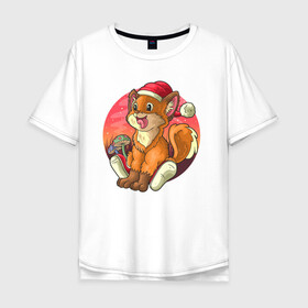 Мужская футболка хлопок Oversize с принтом Новогодний лисёнок в Петрозаводске, 100% хлопок | свободный крой, круглый ворот, “спинка” длиннее передней части | арт | грибочки | дикое животное | иллюстрация | лисёнок