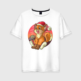 Женская футболка хлопок Oversize с принтом Новогодний лисёнок в Петрозаводске, 100% хлопок | свободный крой, круглый ворот, спущенный рукав, длина до линии бедер
 | арт | грибочки | дикое животное | иллюстрация | лисёнок