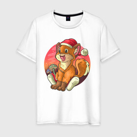Мужская футболка хлопок с принтом Новогодний лисёнок в Петрозаводске, 100% хлопок | прямой крой, круглый вырез горловины, длина до линии бедер, слегка спущенное плечо. | арт | грибочки | дикое животное | иллюстрация | лисёнок