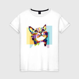 Женская футболка хлопок с принтом Разноцветный котэ в Петрозаводске, 100% хлопок | прямой крой, круглый вырез горловины, длина до линии бедер, слегка спущенное плечо | colorful | арт | иллюстрация | киска | котёнок