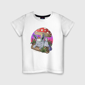 Детская футболка хлопок с принтом Спящий зайчик в Петрозаводске, 100% хлопок | круглый вырез горловины, полуприлегающий силуэт, длина до линии бедер | Тематика изображения на принте: грибочек | зайченок | иллюстрация | крольченок | спящий