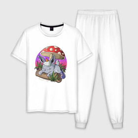 Мужская пижама хлопок с принтом Спящий зайчик в Петрозаводске, 100% хлопок | брюки и футболка прямого кроя, без карманов, на брюках мягкая резинка на поясе и по низу штанин
 | Тематика изображения на принте: грибочек | зайченок | иллюстрация | крольченок | спящий