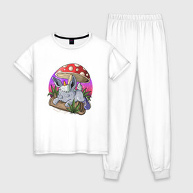 Женская пижама хлопок с принтом Спящий зайчик в Петрозаводске, 100% хлопок | брюки и футболка прямого кроя, без карманов, на брюках мягкая резинка на поясе и по низу штанин | Тематика изображения на принте: грибочек | зайченок | иллюстрация | крольченок | спящий