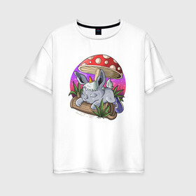 Женская футболка хлопок Oversize с принтом Спящий зайчик в Петрозаводске, 100% хлопок | свободный крой, круглый ворот, спущенный рукав, длина до линии бедер
 | Тематика изображения на принте: грибочек | зайченок | иллюстрация | крольченок | спящий