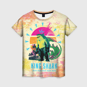 Женская футболка 3D с принтом King Shark в Петрозаводске, 100% полиэфир ( синтетическое хлопкоподобное полотно) | прямой крой, круглый вырез горловины, длина до линии бедер | king shark | nanaue | suicide squad | the suicide squad | vdzabma | кинг шарк | король акул | король акула | нэнуэ