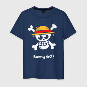 Мужская футболка хлопок с принтом Sunny Go! One Piece в Петрозаводске, 100% хлопок | прямой крой, круглый вырез горловины, длина до линии бедер, слегка спущенное плечо. | anime | manga | one piece | аниме | большой куш | ван пис | весёлый роджер | вон пис | король пиратов | логотип | манга | монки д. луффи | мугивары | перекрещённый костями | пират | пиратский флаг