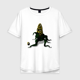 Мужская футболка хлопок Oversize с принтом Злая кукуруза в Петрозаводске, 100% хлопок | свободный крой, круглый ворот, “спинка” длиннее передней части | Тематика изображения на принте: еда | кукуруза | овощи | страшное | хоррор