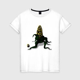 Женская футболка хлопок с принтом Злая кукуруза в Петрозаводске, 100% хлопок | прямой крой, круглый вырез горловины, длина до линии бедер, слегка спущенное плечо | еда | кукуруза | овощи | страшное | хоррор