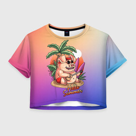 Женская футболка Crop-top 3D с принтом Hello summer в Петрозаводске, 100% полиэстер | круглая горловина, длина футболки до линии талии, рукава с отворотами | арт | графика | животные | звери | лето | пальма | свинья