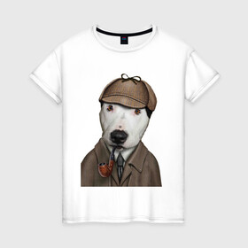 Женская футболка хлопок с принтом Собака Шерлок Холмс в Петрозаводске, 100% хлопок | прямой крой, круглый вырез горловины, длина до линии бедер, слегка спущенное плечо | кепка | собака | трубка | шерлок холмс | щенок