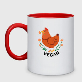 Кружка двухцветная с принтом Vegan Chicken в Петрозаводске, керамика | объем — 330 мл, диаметр — 80 мм. Цветная ручка и кайма сверху, в некоторых цветах — вся внутренняя часть | Тематика изображения на принте: green | greenpaece | nature | sport | vegan | yoga | веган | вегетарианец | гринпис | еда | животные | жизнь | здоровье | зеленый | йога | курица | мир | овощи | пища | планета | природа | растение | спорт | тело | фрукты