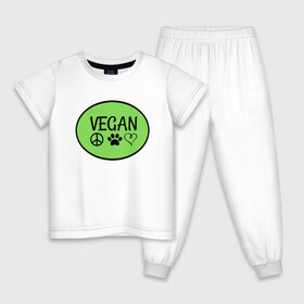 Детская пижама хлопок с принтом Vegan Family в Петрозаводске, 100% хлопок |  брюки и футболка прямого кроя, без карманов, на брюках мягкая резинка на поясе и по низу штанин
 | Тематика изображения на принте: green | greenpaece | nature | sport | vegan | yoga | веган | вегетарианец | гринпис | еда | животные | жизнь | здоровье | зеленый | йога | мир | овощи | пища | планета | природа | растение | спорт | тело | фрукты