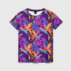 Женская футболка 3D с принтом Тропические листья в Петрозаводске, 100% полиэфир ( синтетическое хлопкоподобное полотно) | прямой крой, круглый вырез горловины, длина до линии бедер | абстракция | листья | паттерн | текстуры | тропики | узоры | цветы
