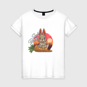 Женская футболка хлопок с принтом Sweet Bunny в Петрозаводске, 100% хлопок | прямой крой, круглый вырез горловины, длина до линии бедер, слегка спущенное плечо | закат | иллюстрация | крольченок | морковь | сладкий кролик