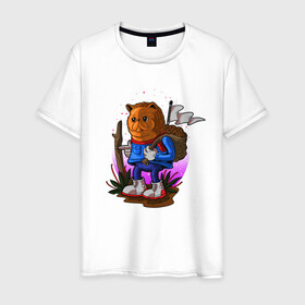 Мужская футболка хлопок с принтом Кот путешественник в Петрозаводске, 100% хлопок | прямой крой, круглый вырез горловины, длина до линии бедер, слегка спущенное плечо. | иллюстрация | котенок | котик | путешествие