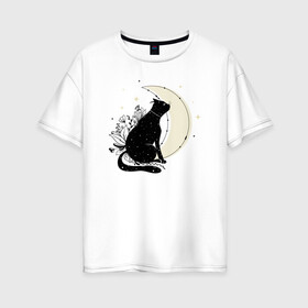 Женская футболка хлопок Oversize с принтом Звездная кошка и Полумесяц в Петрозаводске, 100% хлопок | свободный крой, круглый ворот, спущенный рукав, длина до линии бедер
 | звездная кошка | звезды | киска | кися | космос | кот | котенок | коты | кошачьи | кошачьи лапки | кошка | кошки | лапки | лапы | луна | месяц | мрр | мур | мур и кошачьи лапки | мяу | ночь | полумесяц | цветы