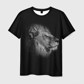 Мужская футболка 3D с принтом Гордый лев в Петрозаводске, 100% полиэфир | прямой крой, круглый вырез горловины, длина до линии бедер | взгляд | грива | зверь | кот | кошка | лев | мудрость | профиль | царь