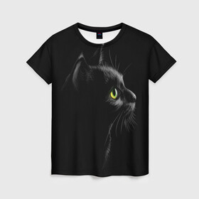 Женская футболка 3D с принтом Черный кот в Петрозаводске, 100% полиэфир ( синтетическое хлопкоподобное полотно) | прямой крой, круглый вырез горловины, длина до линии бедер | Тематика изображения на принте: взгляд | глаза | киса | киска | кот | котик | котяра | профиль | пушистый | усы