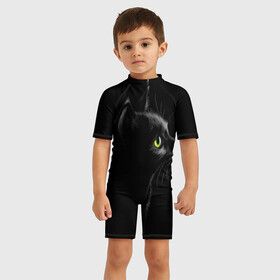 Детский купальный костюм 3D с принтом Черный кот в Петрозаводске, Полиэстер 85%, Спандекс 15% | застежка на молнии на спине | взгляд | глаза | киса | киска | кот | котик | котяра | профиль | пушистый | усы