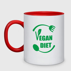Кружка двухцветная с принтом Vegan Diet в Петрозаводске, керамика | объем — 330 мл, диаметр — 80 мм. Цветная ручка и кайма сверху, в некоторых цветах — вся внутренняя часть | green | greenpaece | nature | sport | vegan | yoga | веган | вегетарианец | гринпис | диета | еда | животные | жизнь | здоровье | зеленый | йога | мир | овощи | пища | планета | природа | растение | спорт | тело | фрукты