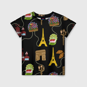 Детская футболка 3D с принтом Париж в Петрозаводске, 100% гипоаллергенный полиэфир | прямой крой, круглый вырез горловины, длина до линии бедер, чуть спущенное плечо, ткань немного тянется | paris | арка | бусы | велик | города | круассан | лето | мулен руж | париж | романтика | сладости | цветы | черный | эйфелева башня | юежевый