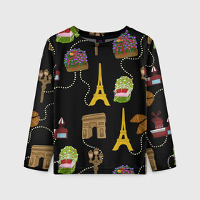 Детский лонгслив 3D с принтом Париж в Петрозаводске, 100% полиэстер | длинные рукава, круглый вырез горловины, полуприлегающий силуэт
 | paris | арка | бусы | велик | города | круассан | лето | мулен руж | париж | романтика | сладости | цветы | черный | эйфелева башня | юежевый