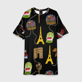 Детское платье 3D с принтом Париж в Петрозаводске, 100% полиэстер | прямой силуэт, чуть расширенный к низу. Круглая горловина, на рукавах — воланы | paris | арка | бусы | велик | города | круассан | лето | мулен руж | париж | романтика | сладости | цветы | черный | эйфелева башня | юежевый