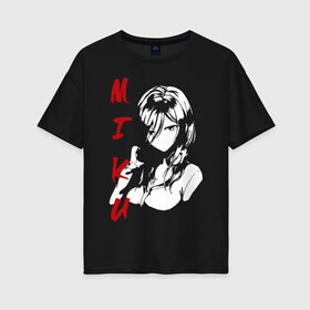 Женская футболка хлопок Oversize с принтом MIKU SF в Петрозаводске, 100% хлопок | свободный крой, круглый ворот, спущенный рукав, длина до линии бедер
 | бело красный | глаза | лицо | мику | наушники | смотрит